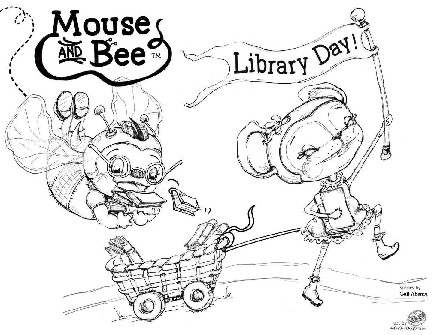 Exclusive Mouse and Bee Library coloring sheet