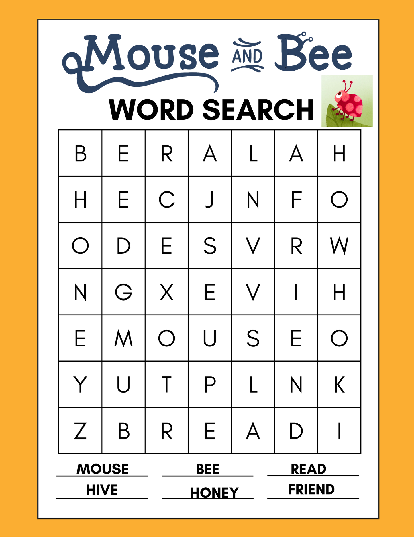 Mouse and Bee Word Search